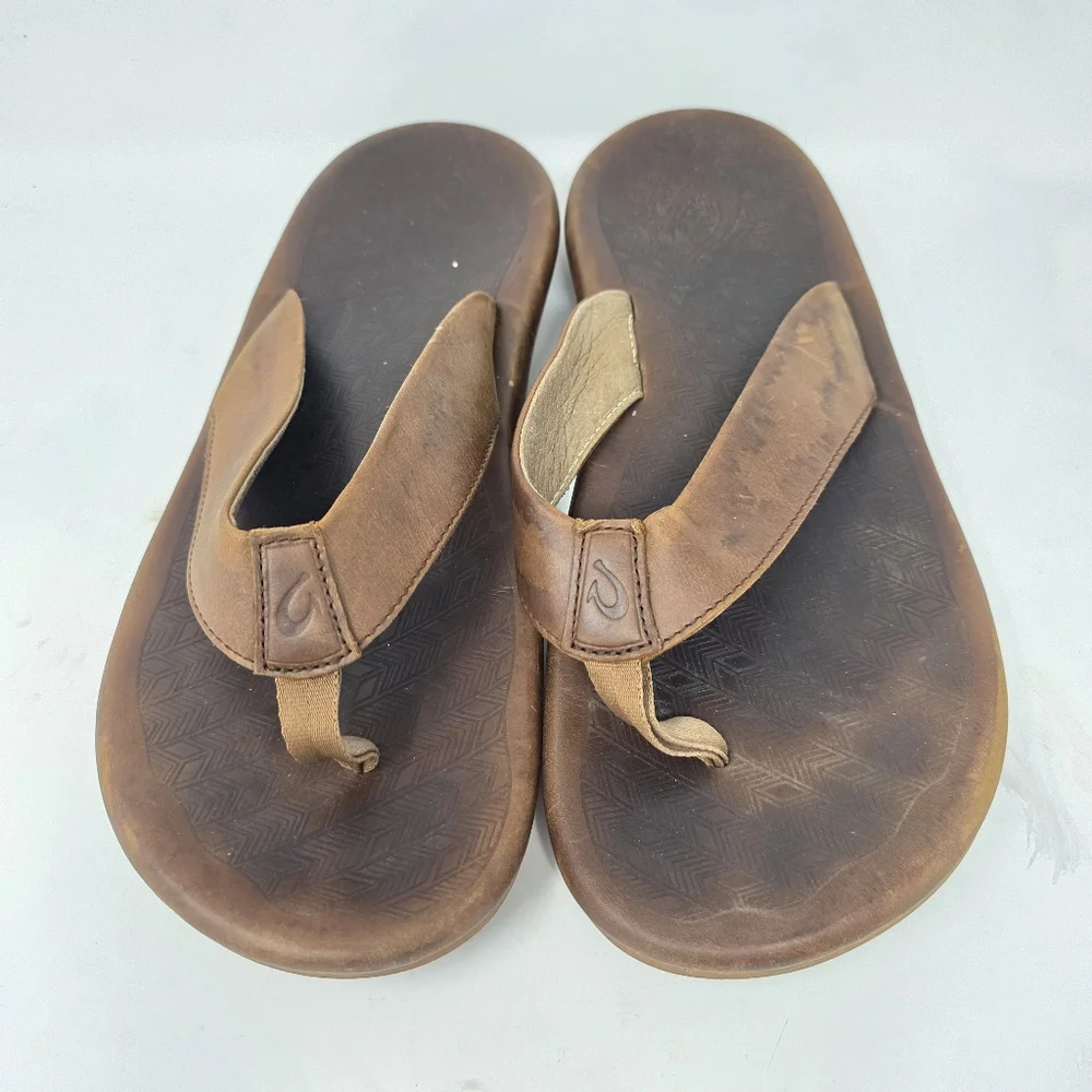 OluKai Ilikai Mens Flip Flop Sandals‎ Toffee Brown Leather Slip On Size 13